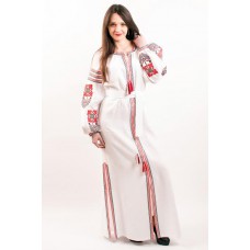 Boho Style Ukrainian Embroidered Maxi Broad Dress Red on White "Flower Fantasy"